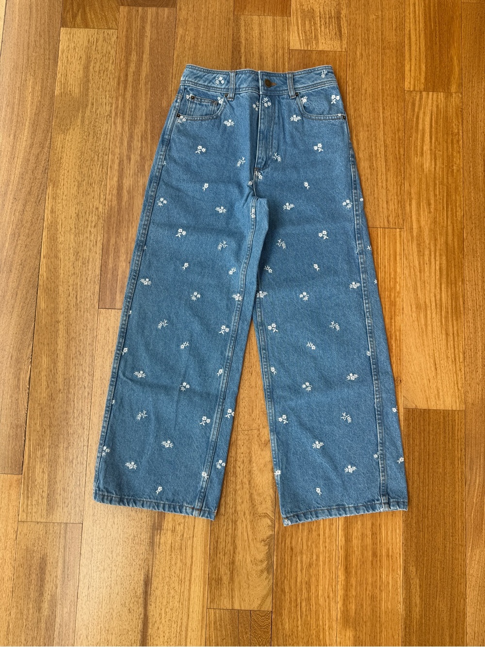 Sézane Blue Floral-Embroidered Wide-Leg Jeans